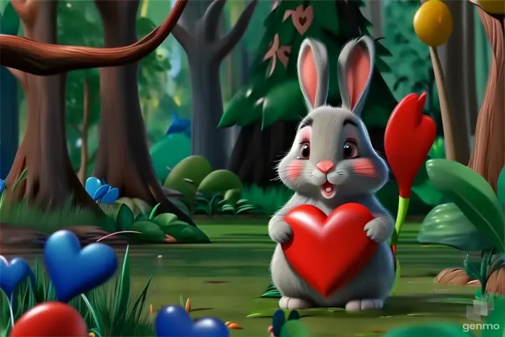 a rabbit holding a heart in the middle of a forest