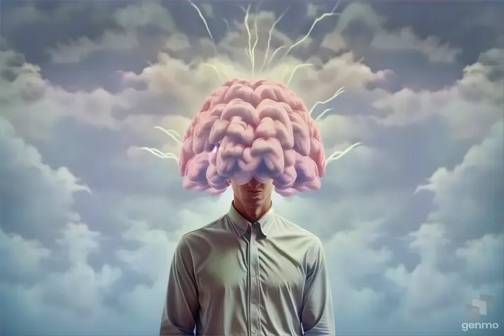 a man standing in front of a cloudy sky with a brain on his head