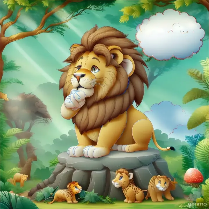 Lion playfully lying in a sun-drenched savannah, surrounded by giraffes and zebras