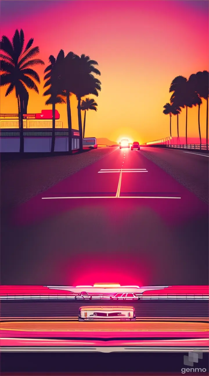 A stylized illustration of a  silverado cruising down an open road at sunset,  and a sharp color palette