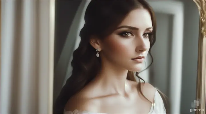 a woman in a white dress with long black hair looks in the mirror