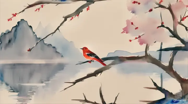 夜莺在树枝上独唱，月，湖，水墨画，毛笔简单勾勒，