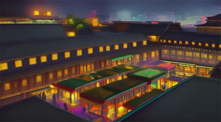 Lush rooftop garden overlooking a bustling night market, vibrant and lively, digital painting