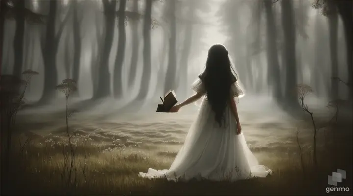 A girl with long black hair in a white dress closes a book (rear view)