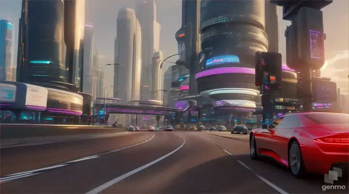 A clean futuristic city through the perspective of a driver on a highway in daylight.