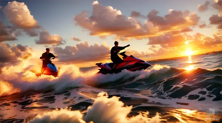 Two young men on a jetski silhouetted against a Miami sunset with seagulls flying into the distance