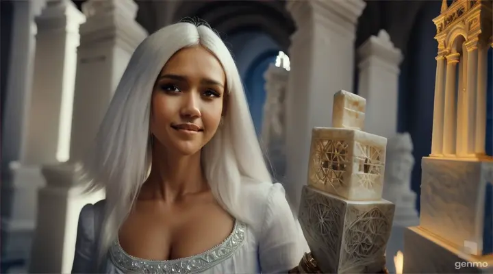 Jessica Alba (white hair, all-white short top, blue jeans), holds a big sparkling demonic carved cube in her hands, assembling a puzzle, in an antique museum room.
