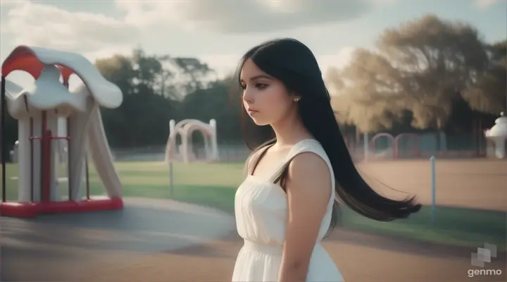 A girl with long black hair in a white dress stands in front of a playground (rear view)