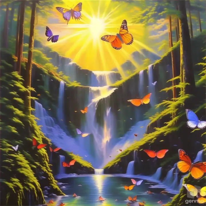 a painting of butterflies flying over a waterfall