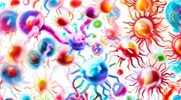 A group of colorful germs and bacteria. Floating in the water, Glowing light and movement mixed together