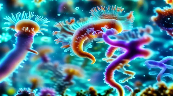 A close up of a sea anemone on a germs and bacteria. Floating in the water, Glowing light and movement mixed together