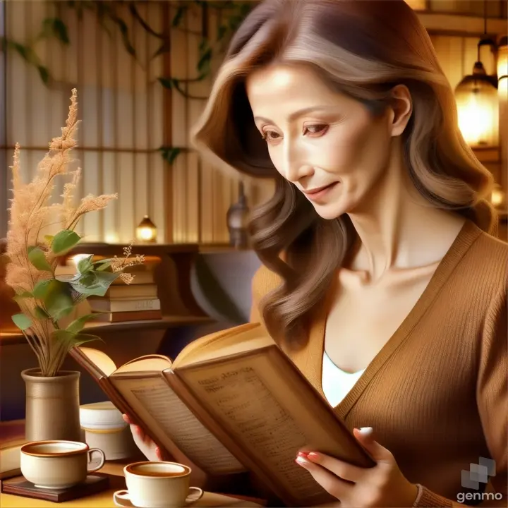 Cozy autumn scene of woman nestled in a library nook with open book, surrounded by antique books and warm light