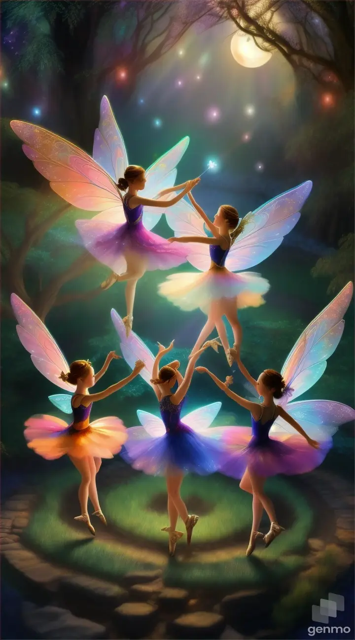a group of sparkling Fairies danced with joy,  Fairies danced with joy, their wings soaring high. Twirling and swirling in a graceful ballet, In a magical sparkling forest, beneath the moonlit sky,,9:16