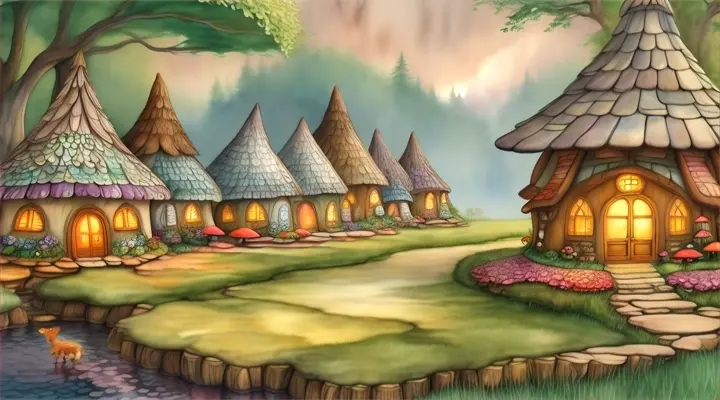 Whimsical woodland creatures living in a village of mushroom houses, in a storybook setting, watercolor style