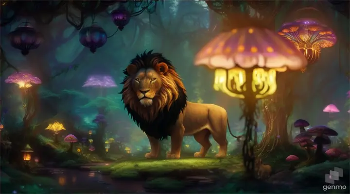 A lion and rabbit journeying together through a fantastical, illuminated forest with magical creatures