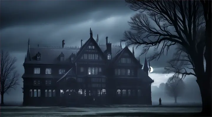 Decaying gothic mansion under a crescent moon, shadows emphasize twisted trees and rain-soaked walls