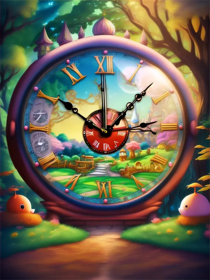 Cute cartoon hen and giant cartoon clock surrounded in a fantasy forest