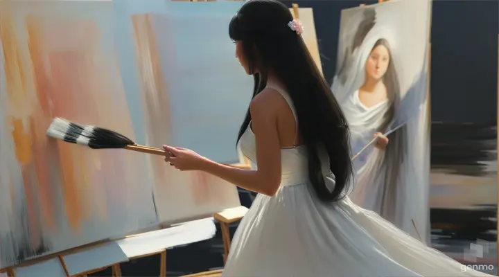 a girl with long black hair in a white dress picks up a brush and walks over to the canvas to paint (close-up view, rear view)