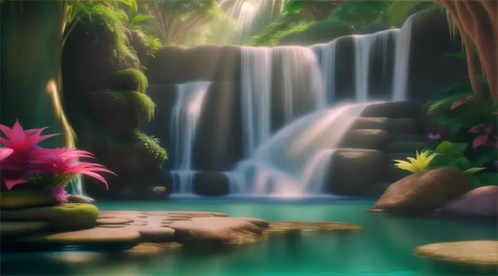 Hidden waterfall oasis with a pastel-colored mermaid lounging on a rock