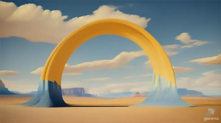 Surreal desert landscape with yellow arches and white clouds in the blue sky. Modern minimal abstract background แนวนอน