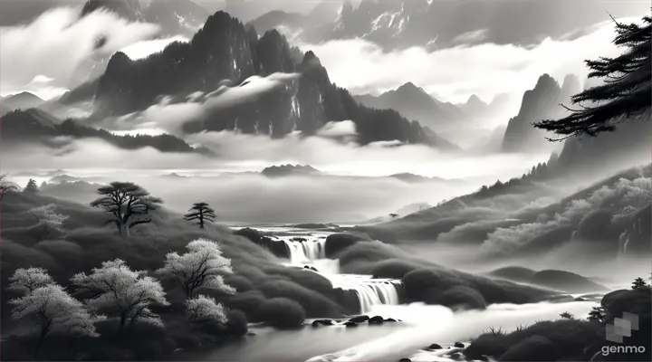 A misty mountaintop with an old tree, a flowing stream, and a series of cascading waterfalls, rendered in a traditional Chinese ink painting style