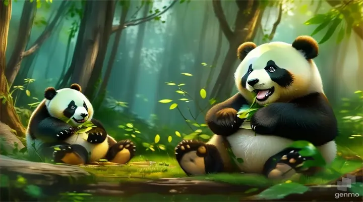 a couple of panda bears sitting on top of a lush green forest