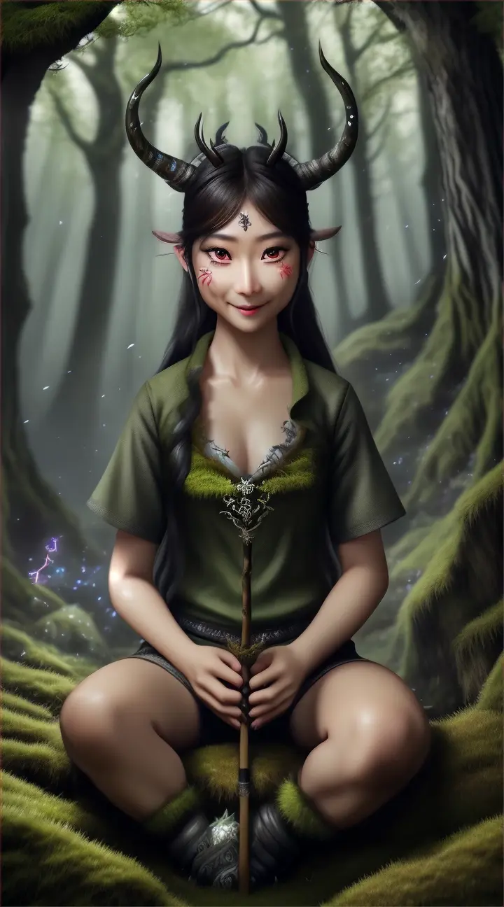 Dokkaebi:
In the midst of a moonlit forest, where gnarled trees stretch their crooked branches towards the sky, a mischievous figure emerges from the shadows. The Dokkaebi, with its twisted horns and playful grin, sits upon a moss-covered rock, surrounded by flickering fireflies. Its eyes sparkle with an otherworldly glow, and in its hand, it holds a magical club adorned with ancient runes. Behind the Dokkaebi, the forest seems alive, as if the trees themselves are whispering secrets to this supernatural being.