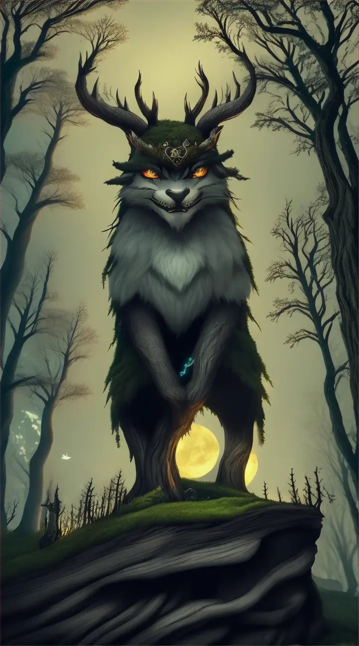 Dokkaebi:
In the midst of a moonlit forest, where gnarled trees stretch their crooked branches towards the sky, a mischievous figure emerges from the shadows. The Dokkaebi, with its twisted horns and playful grin, sits upon a moss-covered rock, surrounded by flickering fireflies. Its eyes sparkle with an otherworldly glow, and in its hand, it holds a magical club adorned with ancient runes. Behind the Dokkaebi, the forest seems alive, as if the trees themselves are whispering secrets to this supernatural being.