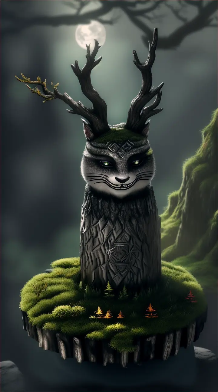 Dokkaebi:
In the midst of a moonlit forest, where gnarled trees stretch their crooked branches towards the sky, a mischievous figure emerges from the shadows. The Dokkaebi, with its twisted horns and playful grin, sits upon a moss-covered rock, surrounded by flickering fireflies. Its eyes sparkle with an otherworldly glow, and in its hand, it holds a magical club adorned with ancient runes. Behind the Dokkaebi, the forest seems alive, as if the trees themselves are whispering secrets to this supernatural being.