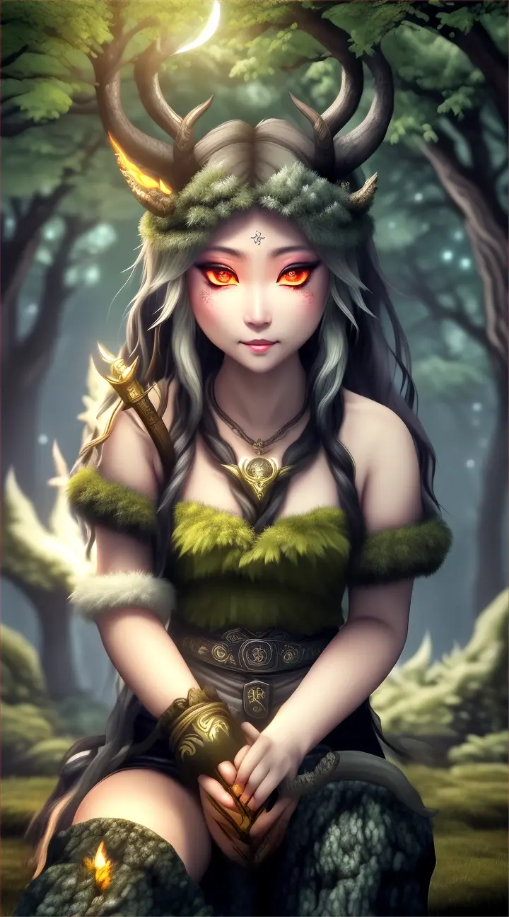Dokkaebi:
In the midst of a moonlit forest, where gnarled trees stretch their crooked branches towards the sky, a mischievous figure emerges from the shadows. The Dokkaebi, with its twisted horns and playful grin, sits upon a moss-covered rock, surrounded by flickering fireflies. Its eyes sparkle with an otherworldly glow, and in its hand, it holds a magical club adorned with ancient runes. Behind the Dokkaebi, the forest seems alive, as if the trees themselves are whispering secrets to this supernatural being.