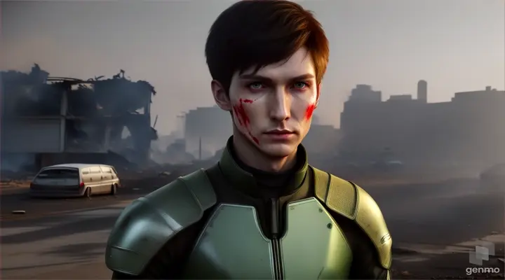 Slender male Space Cadet with short hair and green eyes. High cheekbones, narrow face, woundeteand  has red blood on the face and is dirty, standing sadly in the middle of a destroyed city where the houses are abandoned and burning, Black smoke and fire can be seen in the background, RAW photo quality, Ultra realistic, Cinematic lighting