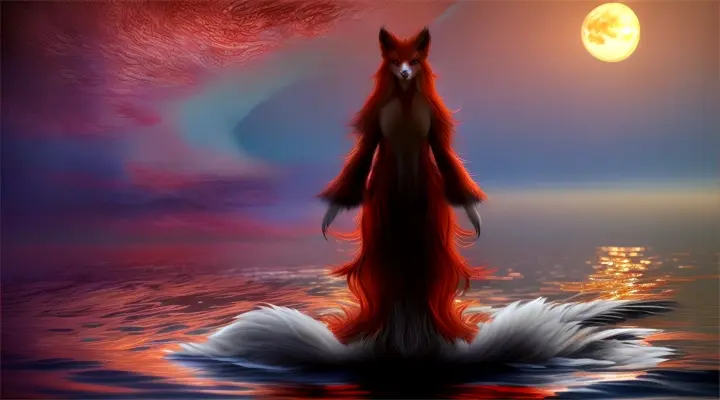 Gumiho:
At the edge of a tranquil lake, beneath the shimmering light of the full moon, a breathtaking woman stands barefoot on the water's surface. Her long, flowing hair glows with an ethereal radiance, and her eyes gleam with an alluring charm. Yet, as she turns to gaze upon you, her reflection in the water reveals her true form—a nine-tailed fox, its fur as red as the sunset. Despite her mesmerizing beauty, there's a hint of danger in her gaze, a reminder of the ancient legends that speak of the Gumiho's cunning and seductive nature.