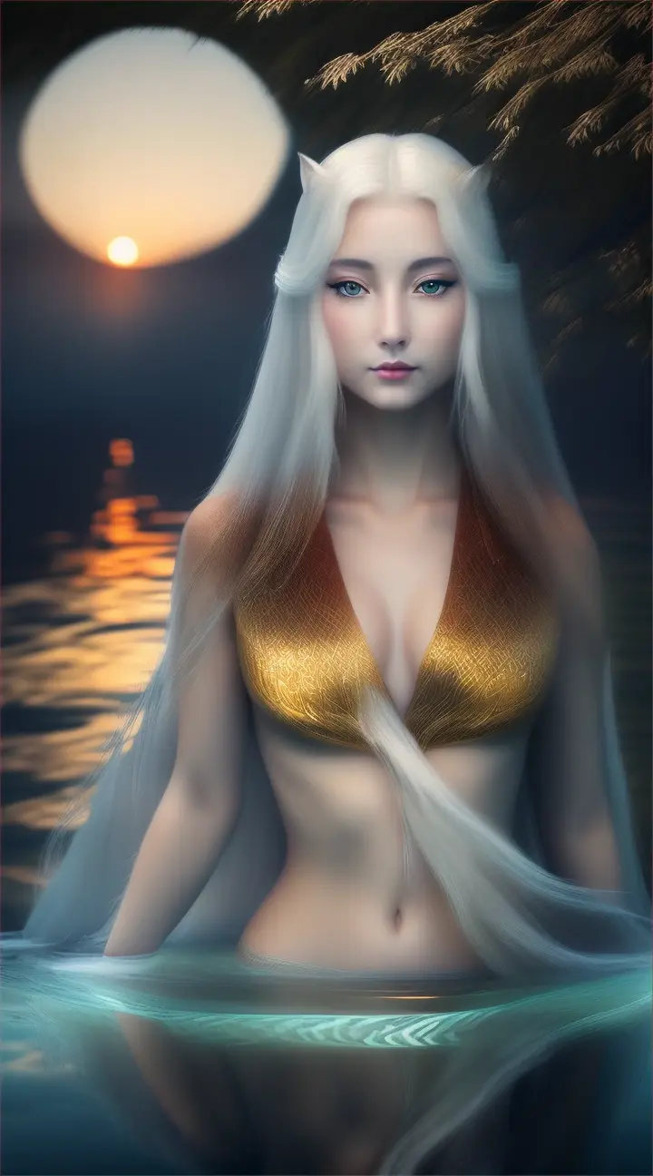Gumiho:
At the edge of a tranquil lake, beneath the shimmering light of the full moon, a breathtaking woman stands barefoot on the water's surface. Her long, flowing hair glows with an ethereal radiance, and her eyes gleam with an alluring charm. Yet, as she turns to gaze upon you, her reflection in the water reveals her true form—a nine-tailed fox, its fur as red as the sunset. Despite her mesmerizing beauty, there's a hint of danger in her gaze, a reminder of the ancient legends that speak of the Gumiho's cunning and seductive nature.