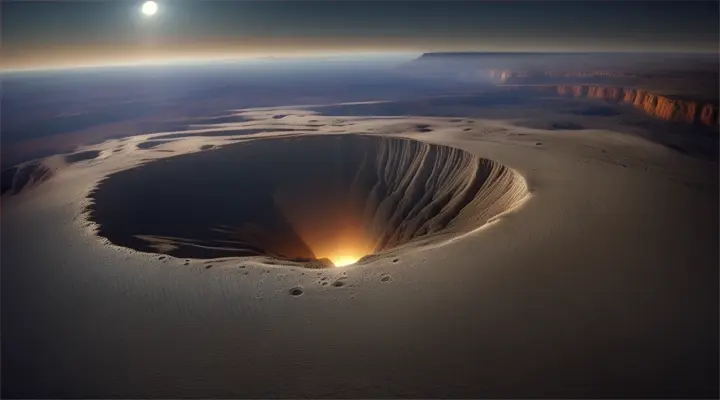 A massive moonscape, with craters and valleys as far as the eye can see. The volcanic anomaly at the edge of the horizon appears like an all-seeing eye.