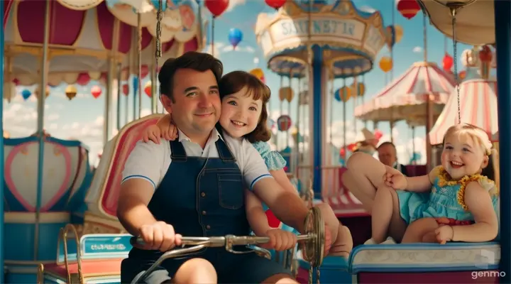 dad rides his daughter on a chain swing carousel