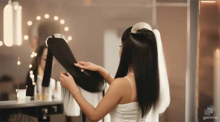 a girl with long black hair in a white dress works as a hairdresser (rear view)