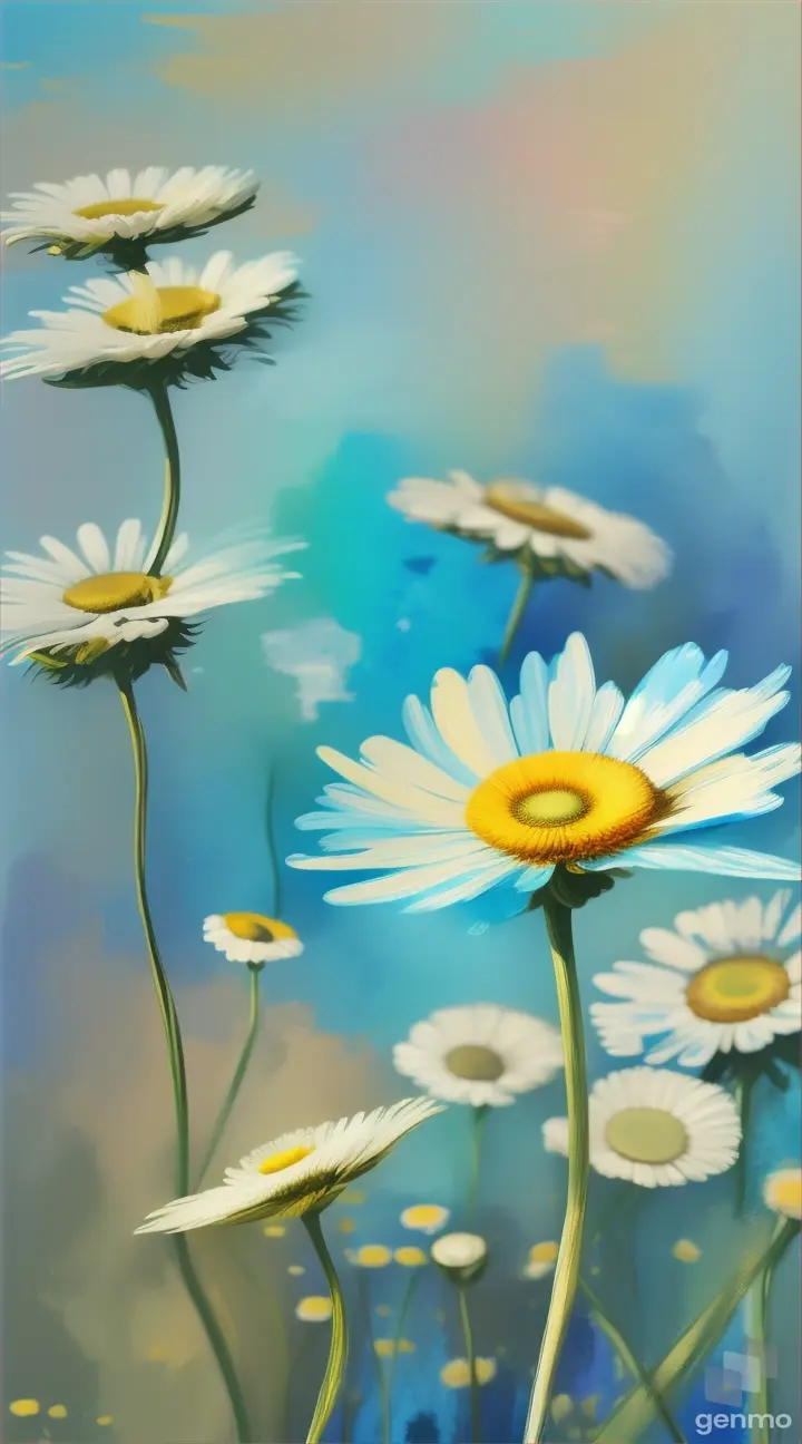 drawing in the style of large strokes of oil painting: chamomile on the blue sky watercolor pop art background.