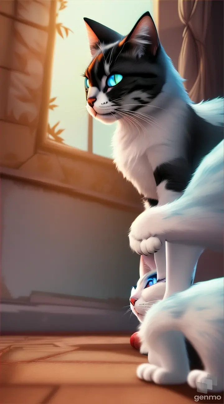 A cat is looking at the spirit of a cat in a dark room, CARTOON STYLE, REALISTIC, 8K, DEFINITIONS FULL