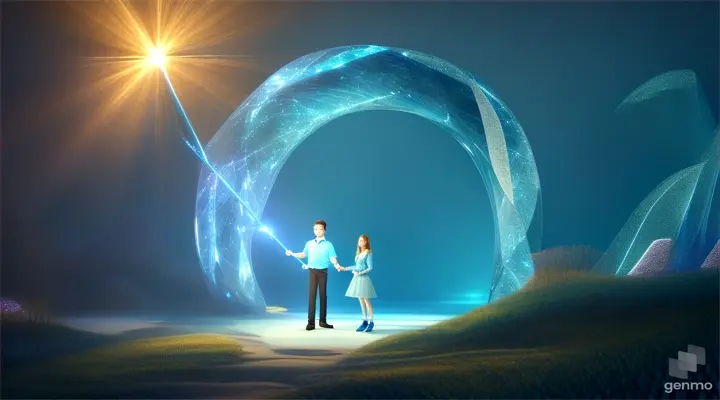 a young man with a sweet face in a blue shirt and a white woman standing in front of a cave glowing blue, inhabited by strange plants and fantasy creatures. the leather woman holds her magic wand with a sparkling light at the tip.animation