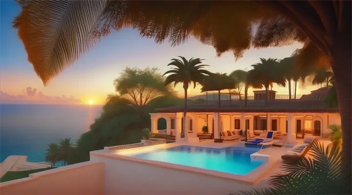 Mediterranean building at sunset overlooking a pool, with palms, hammocks, and a chilled drink