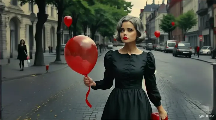a woman in a black dress holding a red balloon