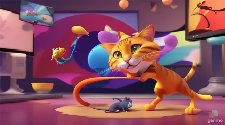 pixar maya disney style cat catch mouse dancing wide screen vide frame