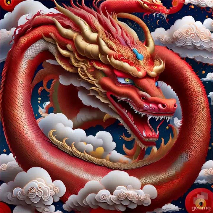 a painting of a dragon with clouds in the background