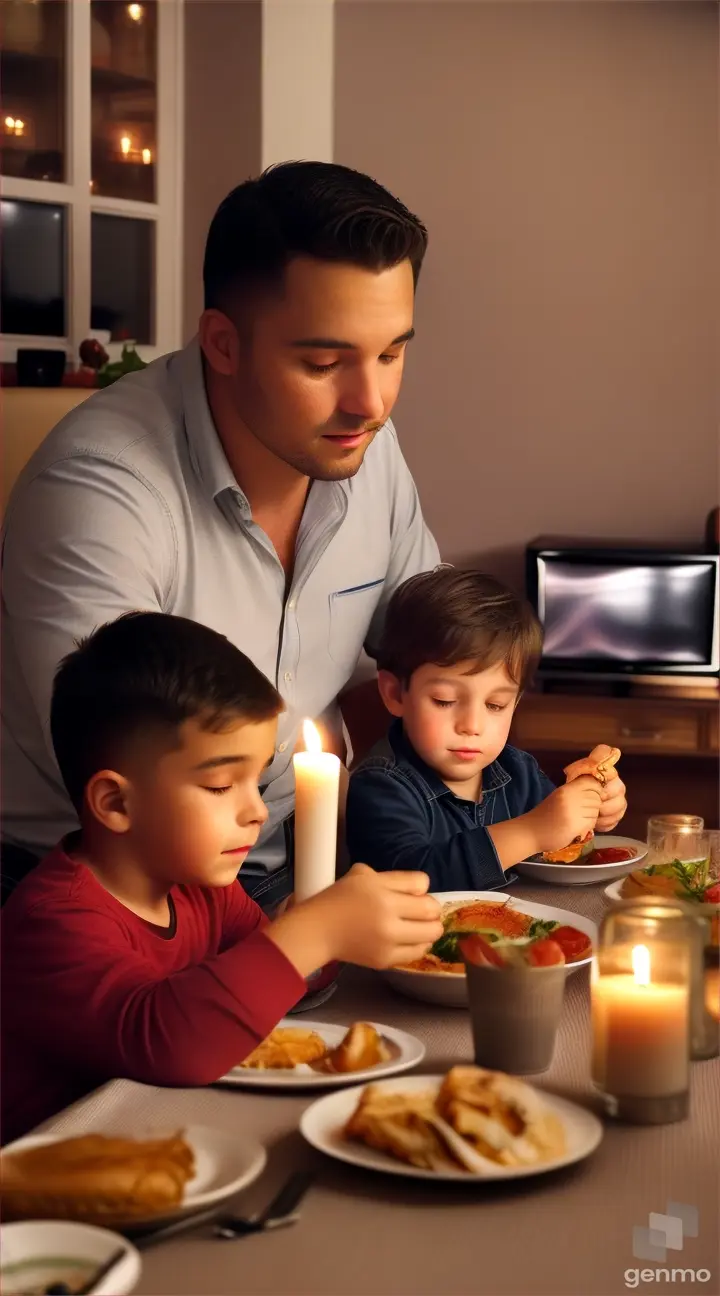 A father and son are eating at the dining table. At the back side an AC is running and at the front side a TV is playing.