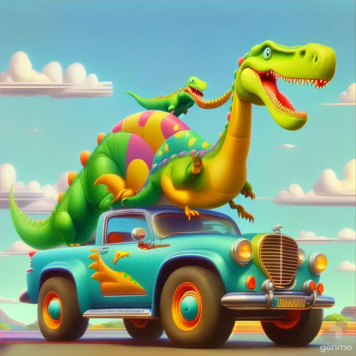 a cartoon dinosaur riding on top of a car and is running very fast