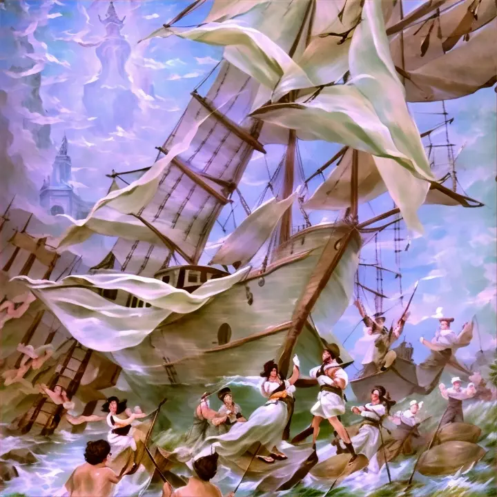 a painting of a group of people on a boat