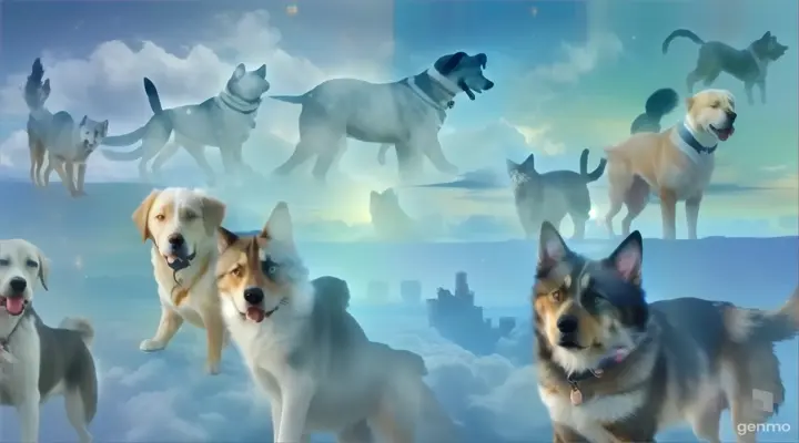 a group of dogs and cats with a sky background