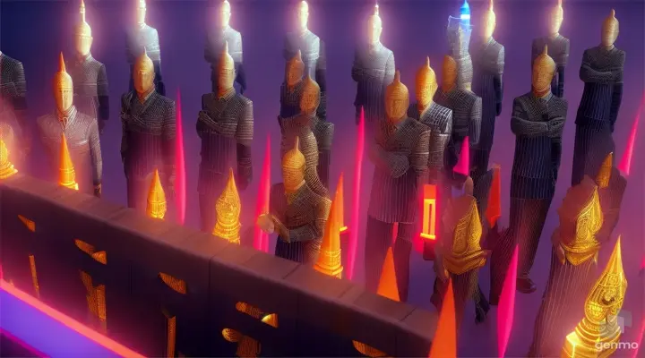 side view like moving sphinxes passing money from one to another as if they were engraved on a wall in a human chain of businessmen in 3d raw digital volume