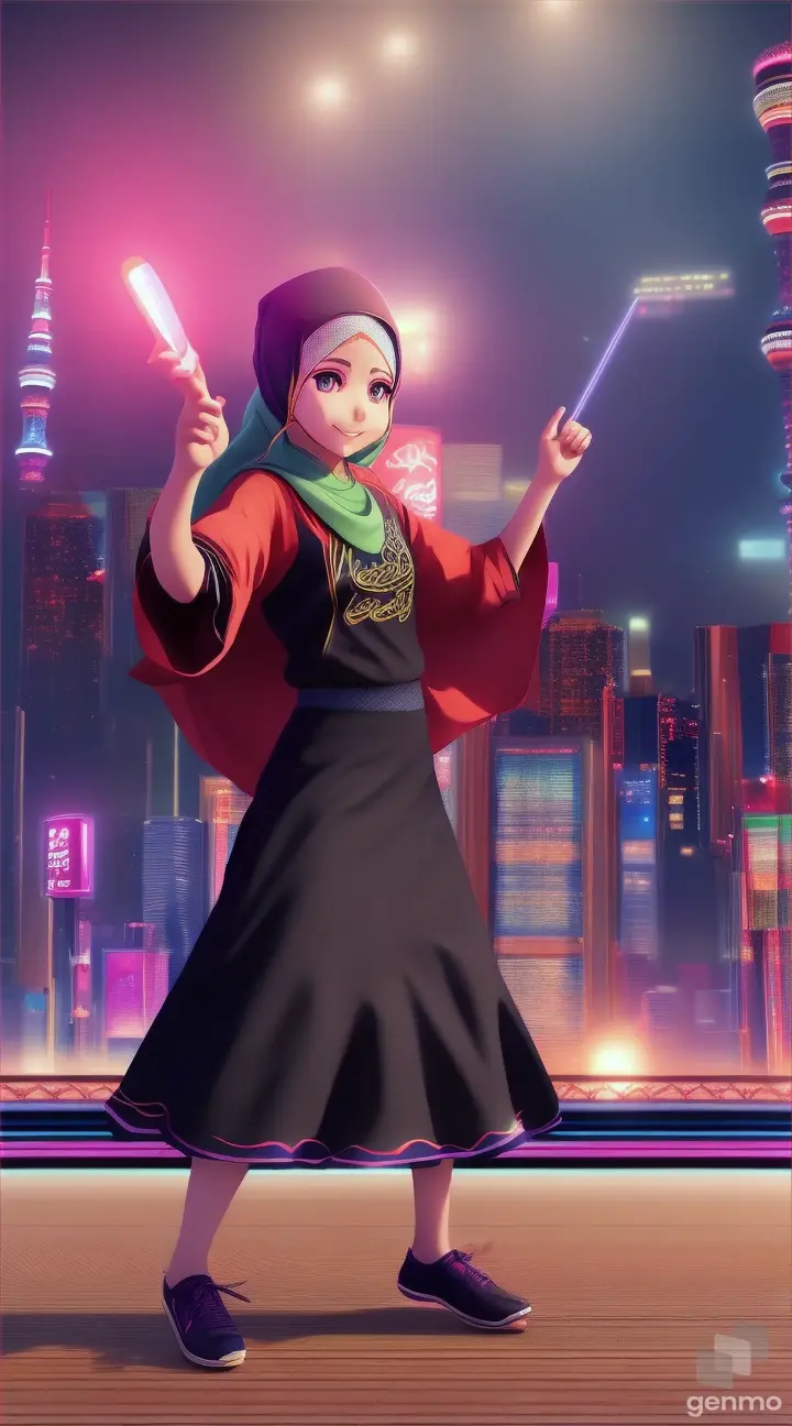 “muslim Anime girl dancing with mic in hand"

