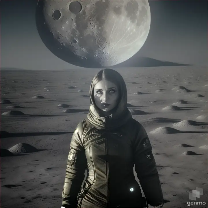 a women standing on the moon looking at a planet. Far side perspective. do not include the space suit make it scary